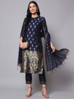 Blue embroidered cotton silk jacquard salwar suit 4