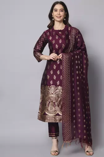 Purple embroidered cotton silk jacquard salwar suit