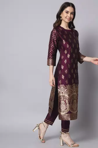 Purple embroidered cotton silk jacquard salwar suit