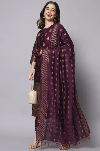 Purple embroidered cotton silk jacquard salwar suit