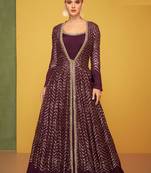 Wine embroidered & sequins work chinnon anarkali churidar suit with jacket - full stitched suit