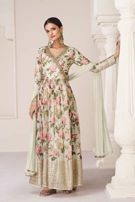 Cream embroidery,sequins & print work organza silk anarkali suit - full stitched suit 1