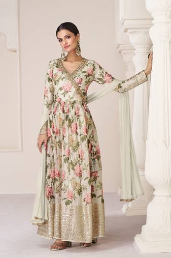 Cream embroidery,sequins & print work organza silk anarkali suit - full stitched suit