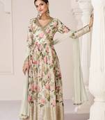 Cream embroidery,sequins & print work organza silk anarkali suit - full stitched suit