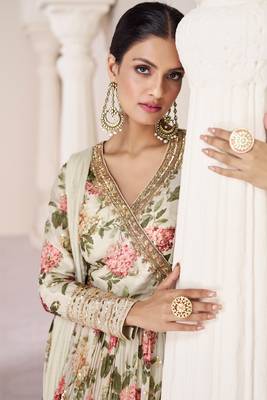Cream embroidery,sequins & print work organza silk anarkali suit - full stitched suit 2