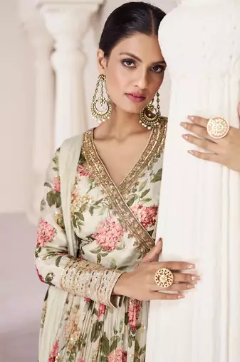 Cream embroidery,sequins & print work organza silk anarkali suit - full stitched suit