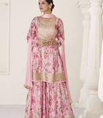 Pink embroidered & sequins work organza silk anarkali sharara suit - full stitched suit
