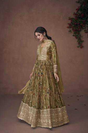 Green embroidery,sequins & print work organza silk anarkali suit - full stitched suit