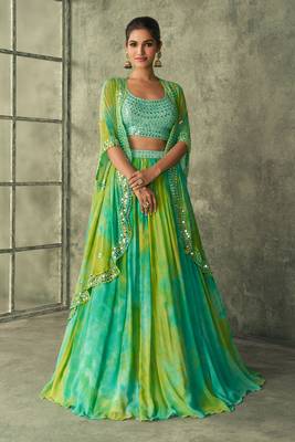 Green mirror & thread work art silk blouse lehenga with jacket suit - full stitched suit 1