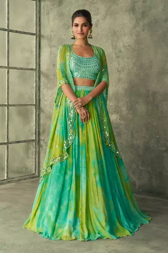 Green mirror & thread work art silk blouse lehenga with jacket suit - full stitched suit