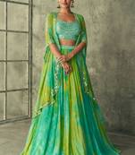 Green mirror & thread work art silk blouse lehenga with jacket suit - full stitched suit