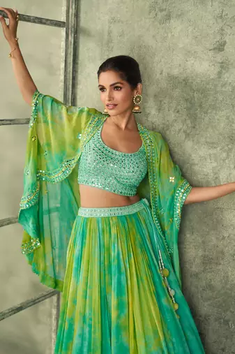 Green mirror & thread work art silk blouse lehenga with jacket suit - full stitched suit