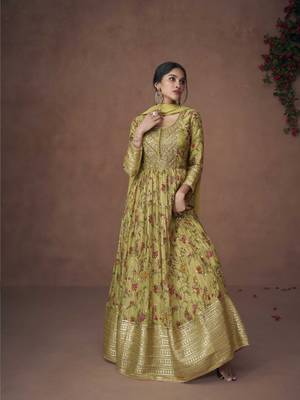 Green embroidery sequins & print work organza silk anarkali suit - full stitched suit 1