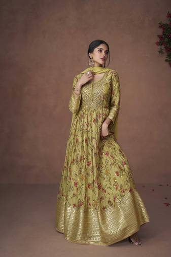 Green embroidery,sequins & print work organza silk anarkali suit - full stitched suit