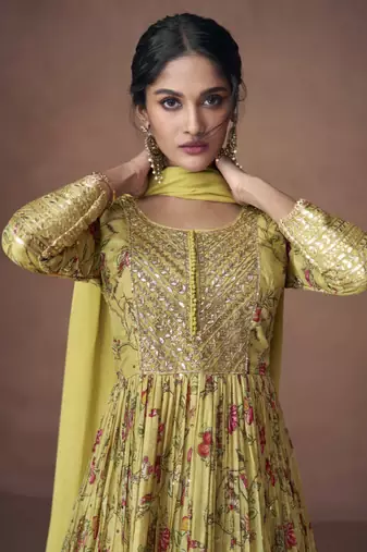 Green embroidery sequins & print work organza silk anarkali suit - full stitched suit