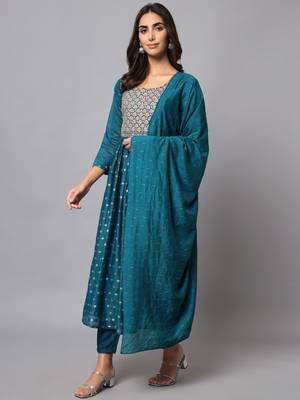 Teal embroidered chanderi modal salwar suit 1