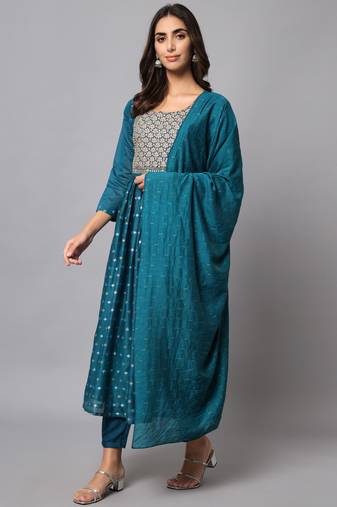 Teal embroidered chanderi modal salwar suit