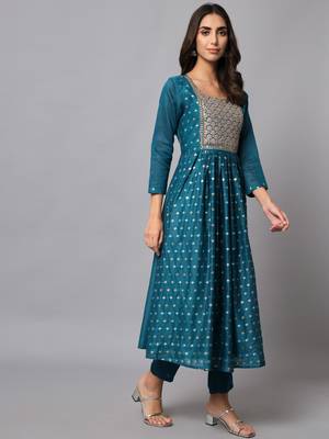 Teal embroidered chanderi modal salwar suit 2