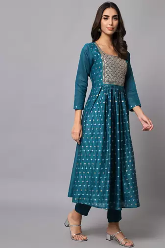 Teal embroidered chanderi modal salwar suit