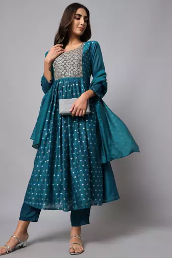 Teal embroidered chanderi modal salwar suit