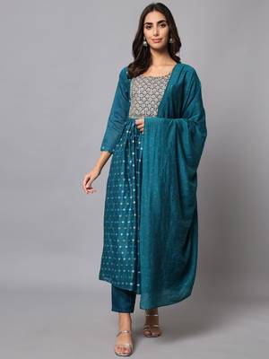 Teal embroidered chanderi modal salwar suit 4
