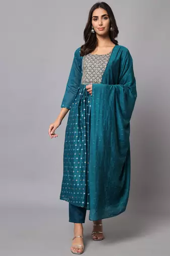 Teal embroidered chanderi modal salwar suit