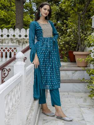 Teal embroidered chanderi modal salwar suit 1