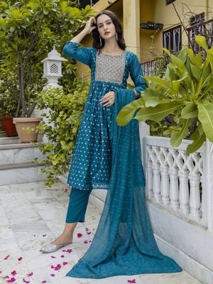 Teal embroidered chanderi modal salwar suit 2
