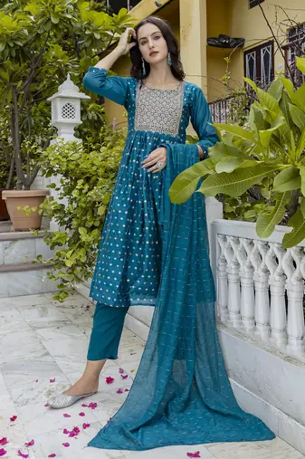 Teal embroidered chanderi modal salwar suit