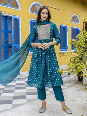 Teal embroidered chanderi modal salwar suit 3