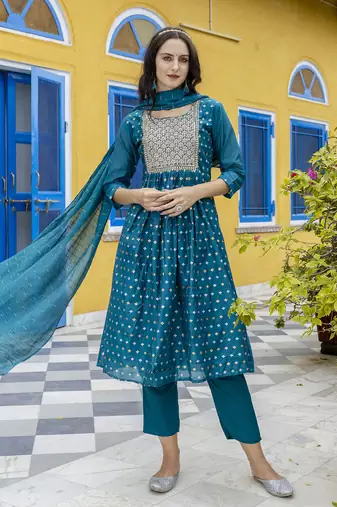 Teal embroidered chanderi modal salwar suit