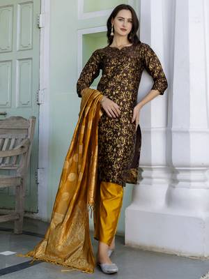 Cofee embroidered cotton silk self designed salwar suit 3
