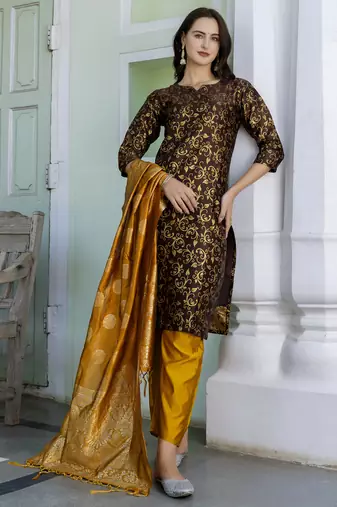 Cofee embroidered cotton silk self designed salwar suit