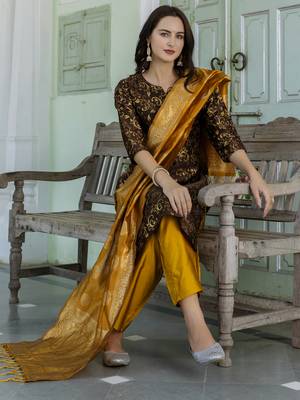 Cofee embroidered cotton silk self designed salwar suit 4