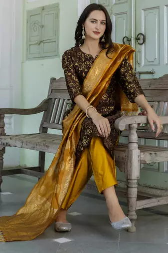 Cofee embroidered cotton silk self designed salwar suit