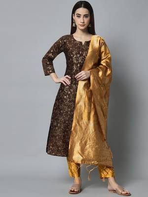 Coffee embroidered cotton silk self designed salwar suit 2
