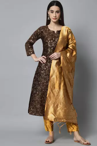 Coffee embroidered cotton silk self designed salwar suit