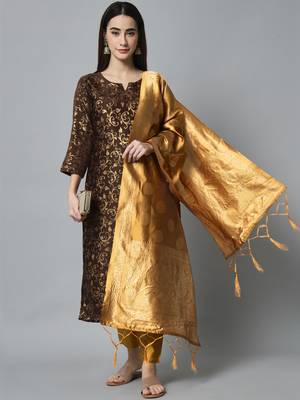 Coffee embroidered cotton silk self designed salwar suit 4