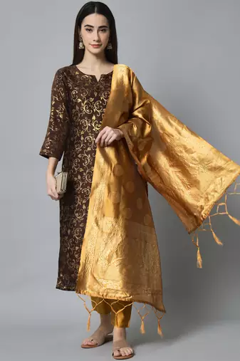 Coffee embroidered cotton silk self designed salwar suit