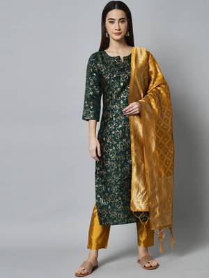 Green embroidered cotton silk self designed salwar suit 3