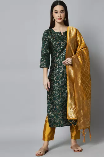 Green embroidered cotton silk self designed salwar suit
