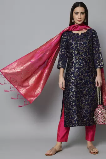 Blue embroidered cotton silk self designed salwar suit