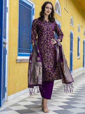 Purple embroidered cotton silk self designed salwar suit 1
