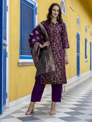 Purple embroidered cotton silk self designed salwar suit 2