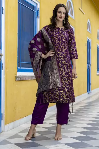 Purple embroidered cotton silk self designed salwar suit