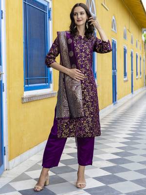 Purple embroidered cotton silk self designed salwar suit 3