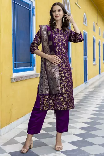 Purple embroidered cotton silk self designed salwar suit