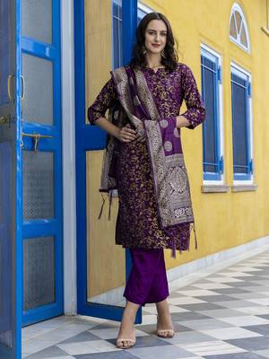 Purple embroidered cotton silk self designed salwar suit 4