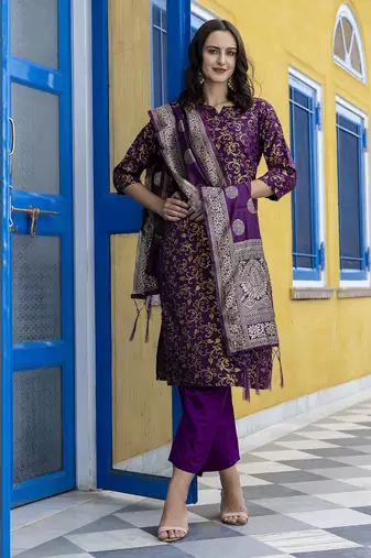 Purple embroidered cotton silk self designed salwar suit