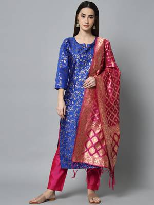 Blue embroidered cotton silk self designed salwar suit 1